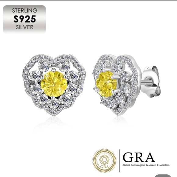 GRA Yellow Diamond Earrings 18KGP S925 NEW - Picture 1 of 6